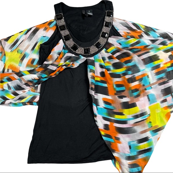 New Directions📌petite size small colorful sleeveless top beadwork around collar - Picture 9 of 12